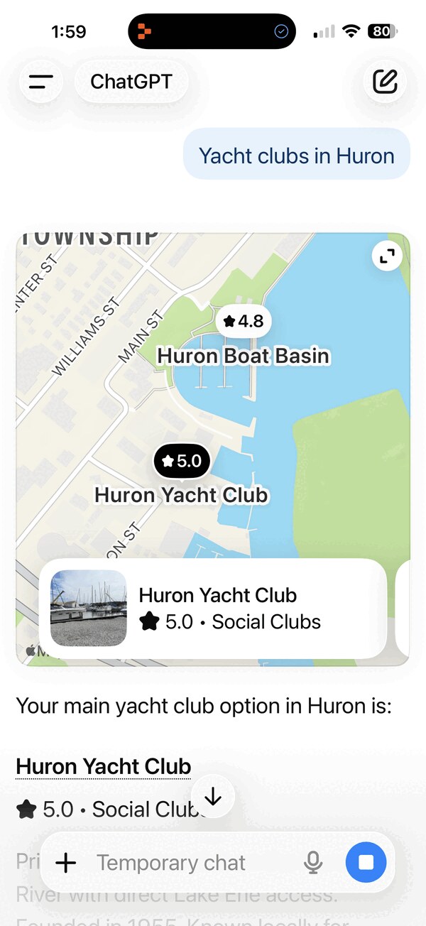 ChatGPT mobile screenshot showing Huron Yacht Club as the top result on a map for the query yacht clubs in Huron, with a 5.0 rating and a Social Clubs label